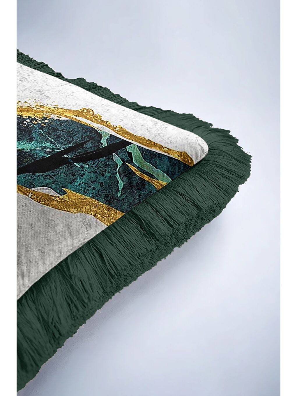 Karışık Lüks Mermer Dokulu Saçaklı Yastık Kılıfı - Zümrüt Modern Altın Renkli Püsküllü Kırlent Kılıfı-6