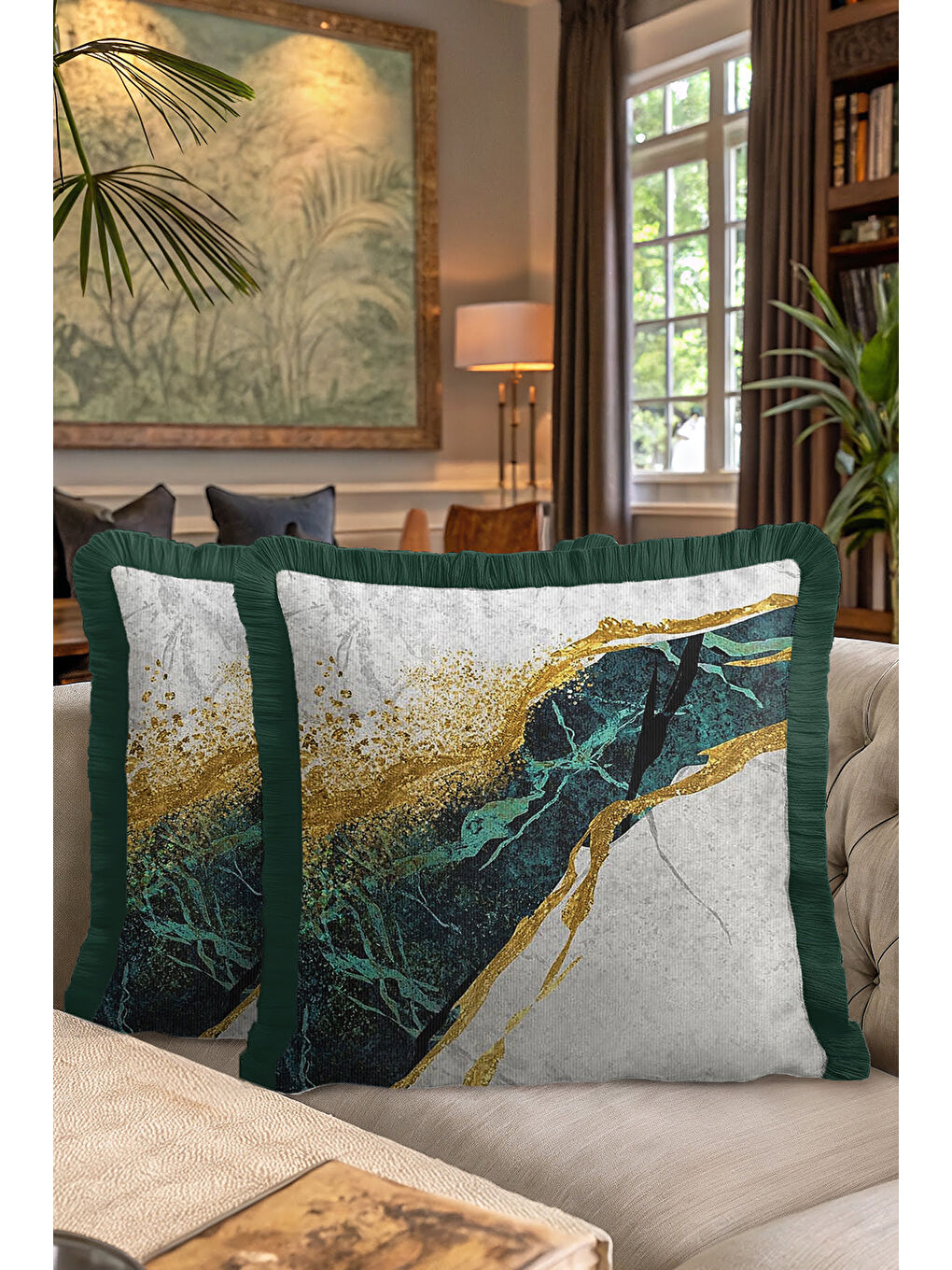 Karışık Lüks Mermer Dokulu Saçaklı Yastık Kılıfı - Zümrüt Modern Altın Renkli Püsküllü Kırlent Kılıfı-7