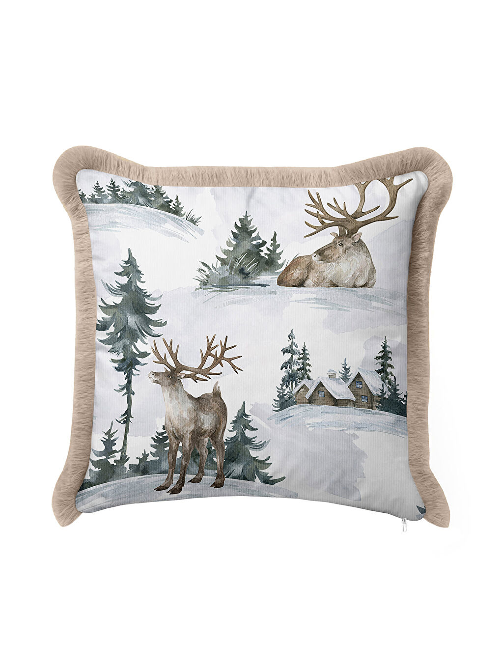 Karışık Kış Orman Temalı Saçaklı Yastık Kılıfı - Geyikli Rustik Bej Püsküllü Kırlent Kılıfı-1