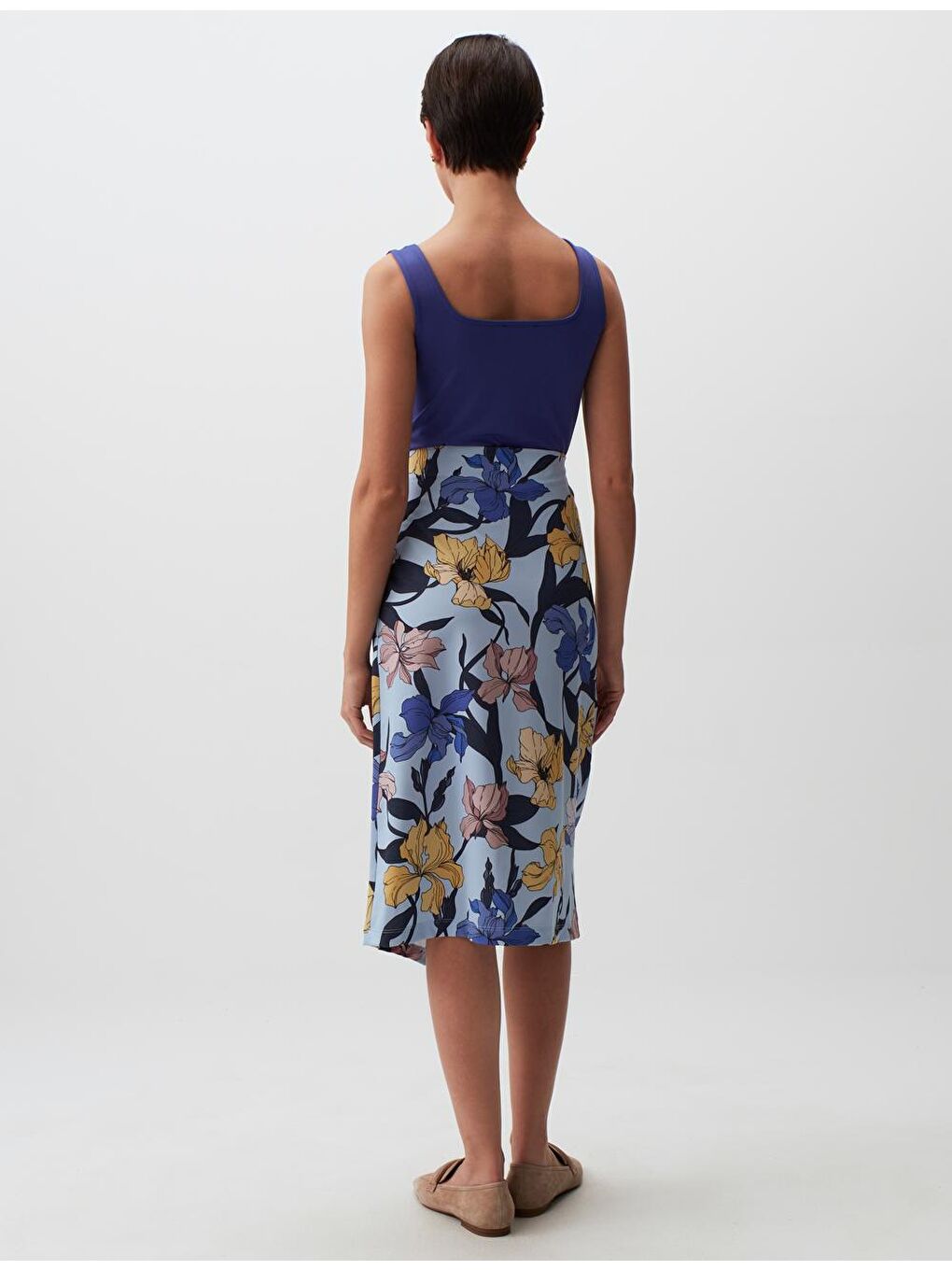 Açık Mavi Büzgü Detaylı Çiçekli Midi Etek-5