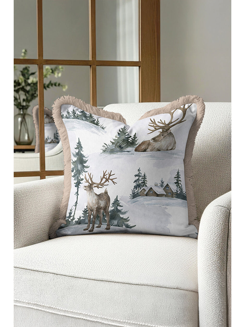 Karışık Kış Orman Temalı Saçaklı Yastık Kılıfı - Geyikli Rustik Bej Püsküllü Kırlent Kılıfı-2