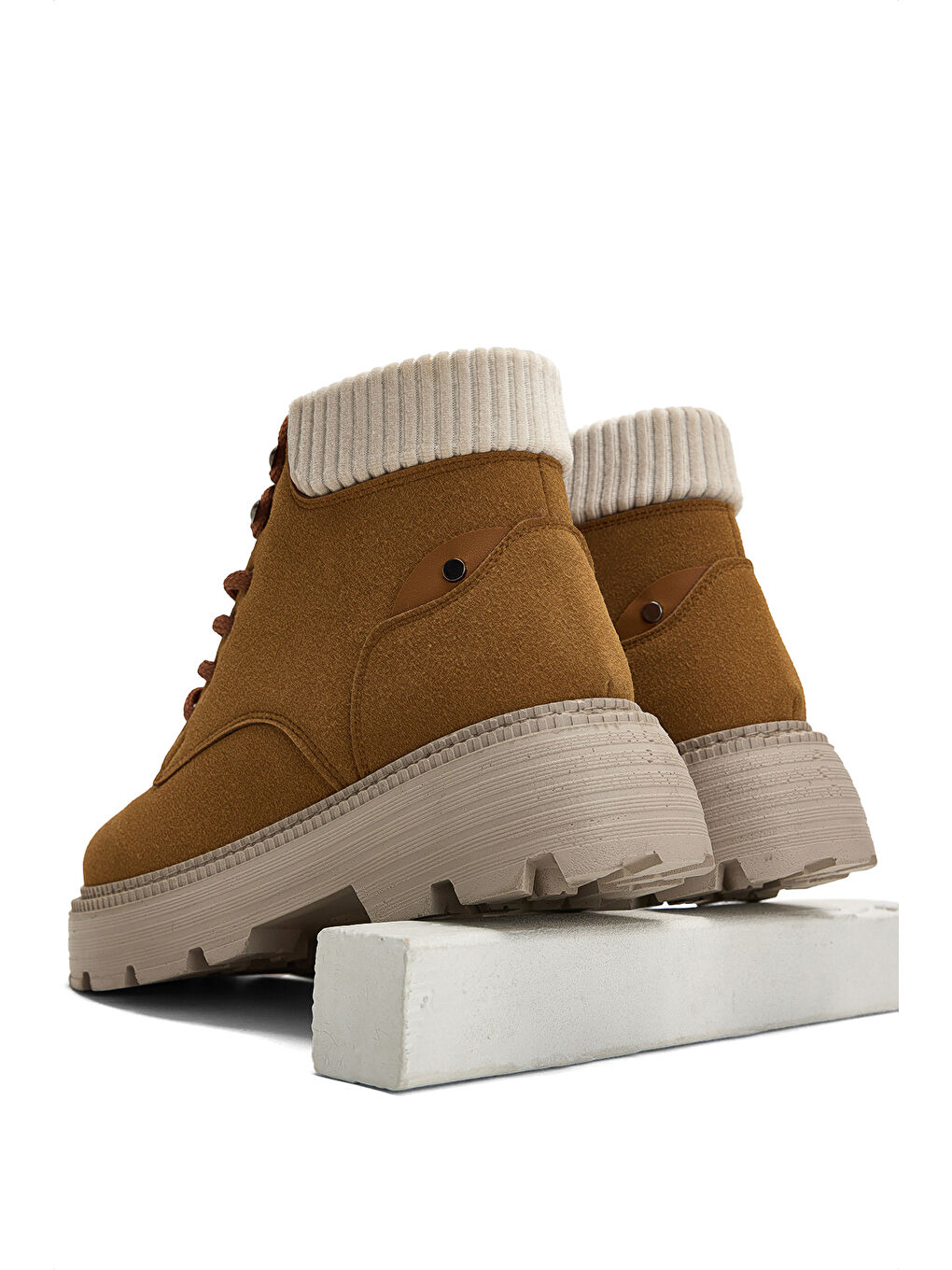 Kahverengi Kadın Taba Süet Kalın Poli Taban Bileği Lastikli Bağcıklı Bot-4