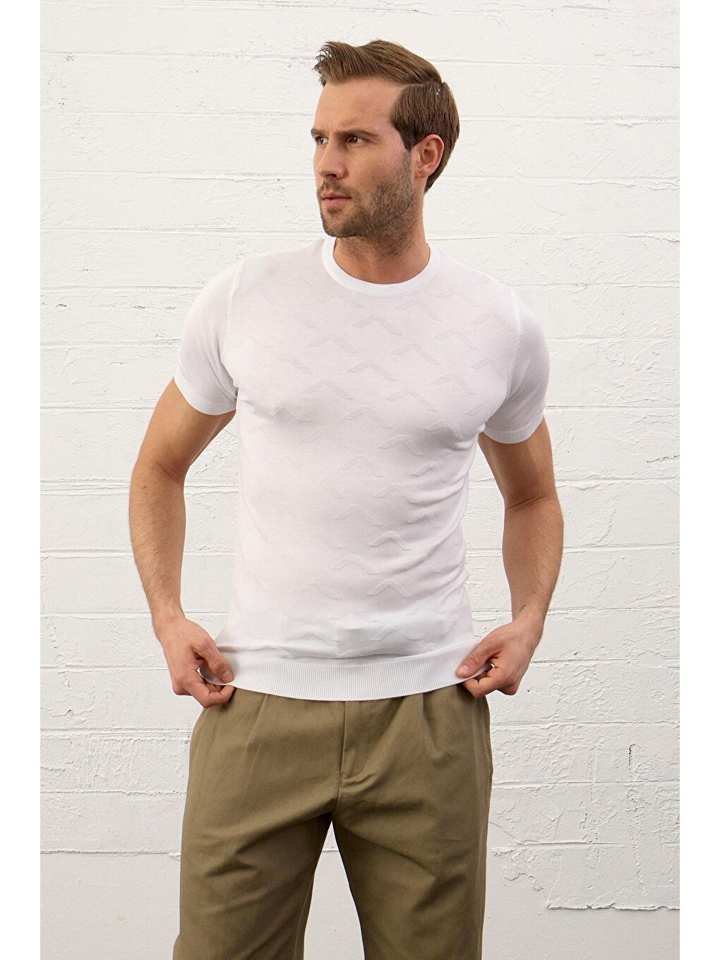 Danger Erkek Bisiklet Yaka Slim-Fit Yazlık Triko Tişört Beyaz - 4