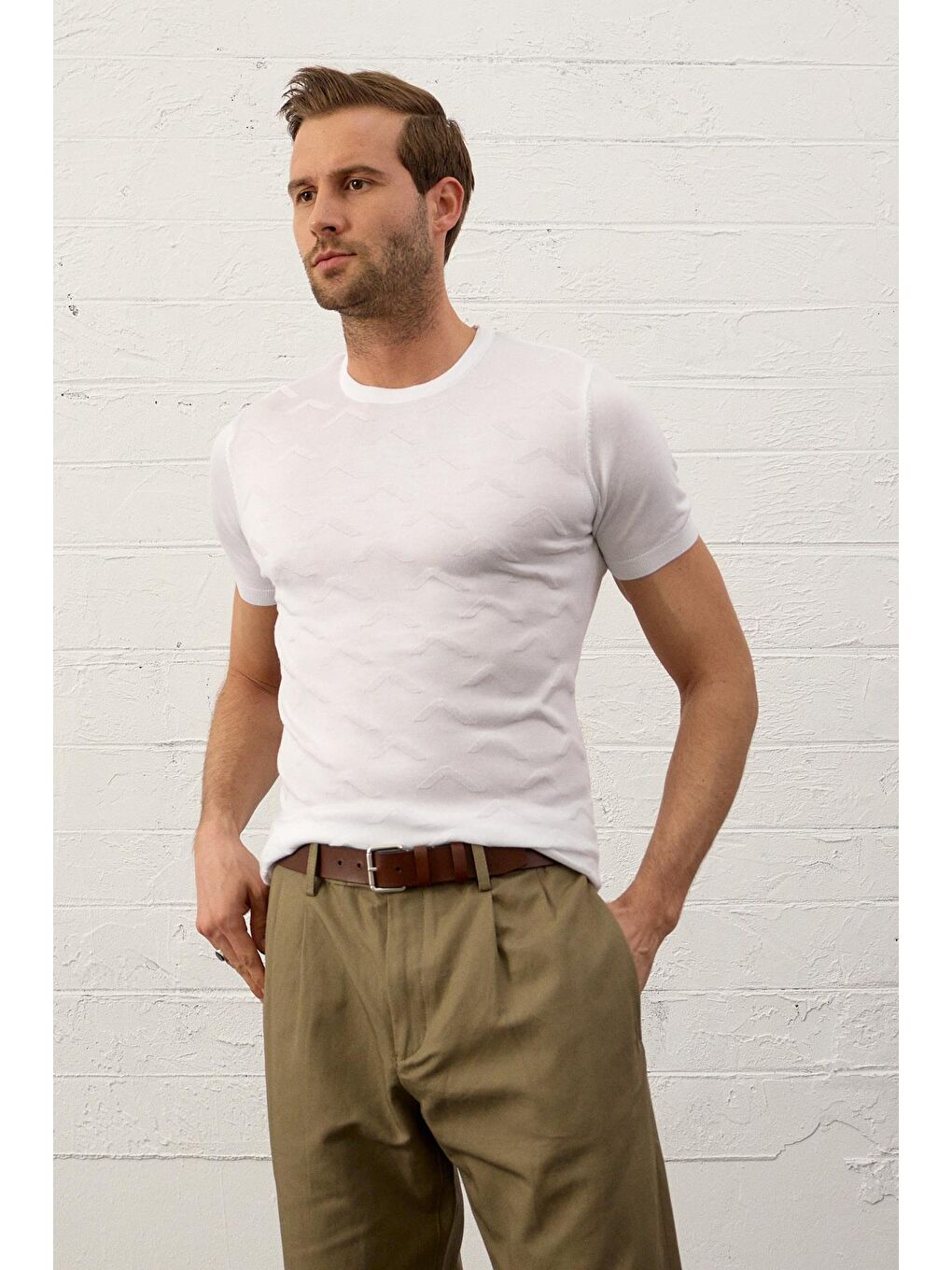 Danger Erkek Bisiklet Yaka Slim-Fit Yazlık Triko Tişört Beyaz - 5
