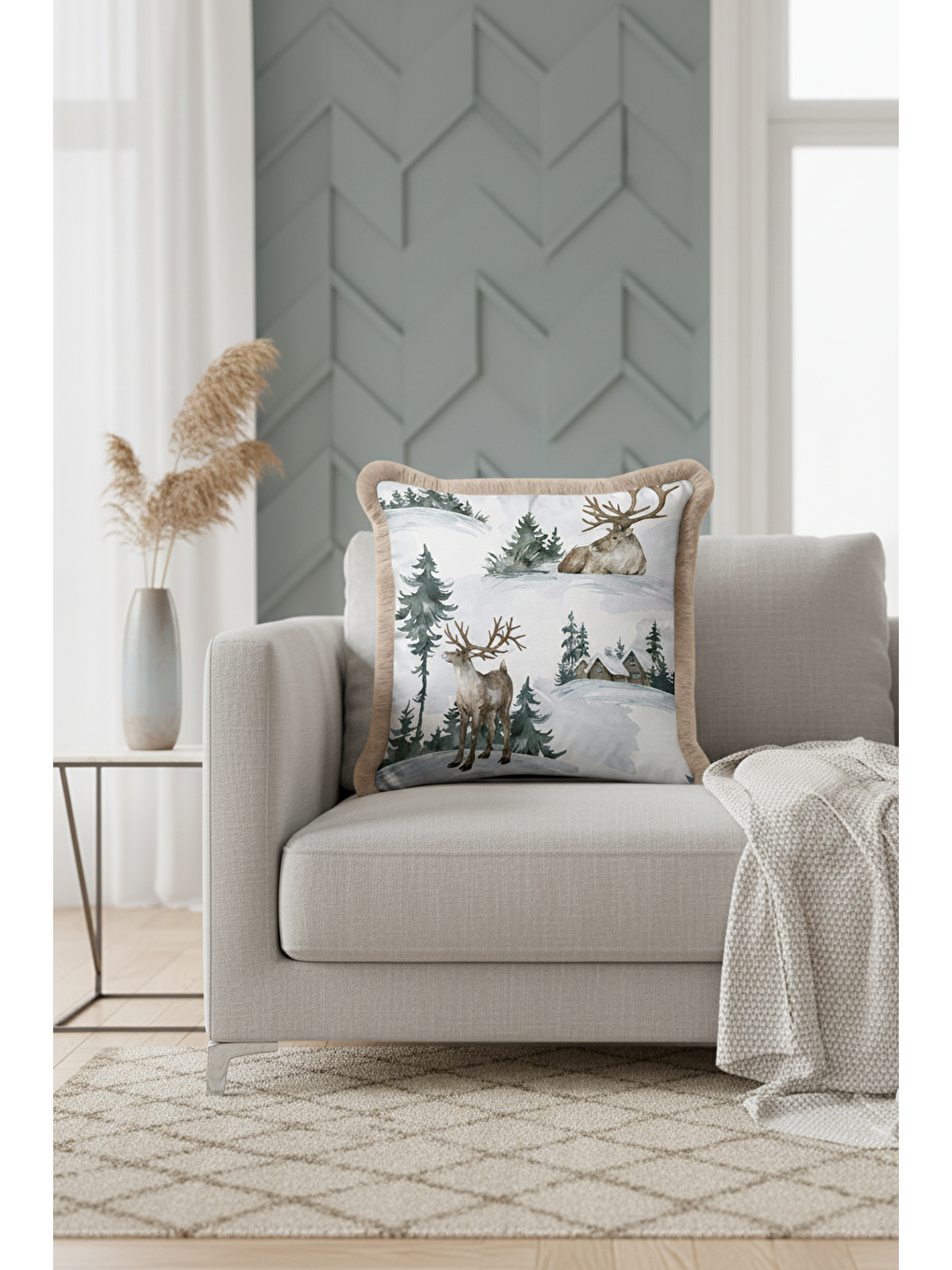 Karışık Kış Orman Temalı Saçaklı Yastık Kılıfı - Geyikli Rustik Bej Püsküllü Kırlent Kılıfı-3