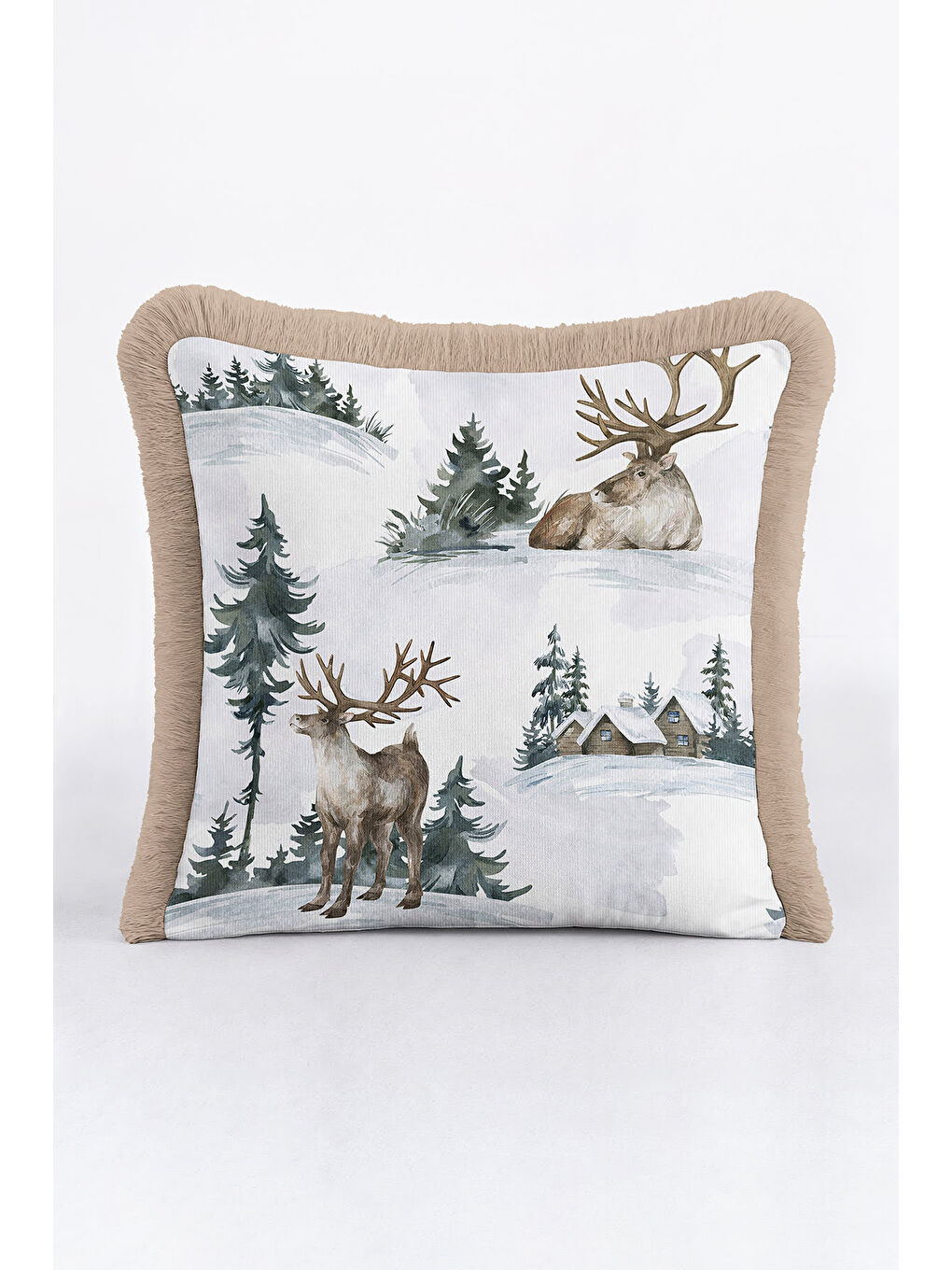 Karışık Kış Orman Temalı Saçaklı Yastık Kılıfı - Geyikli Rustik Bej Püsküllü Kırlent Kılıfı-4