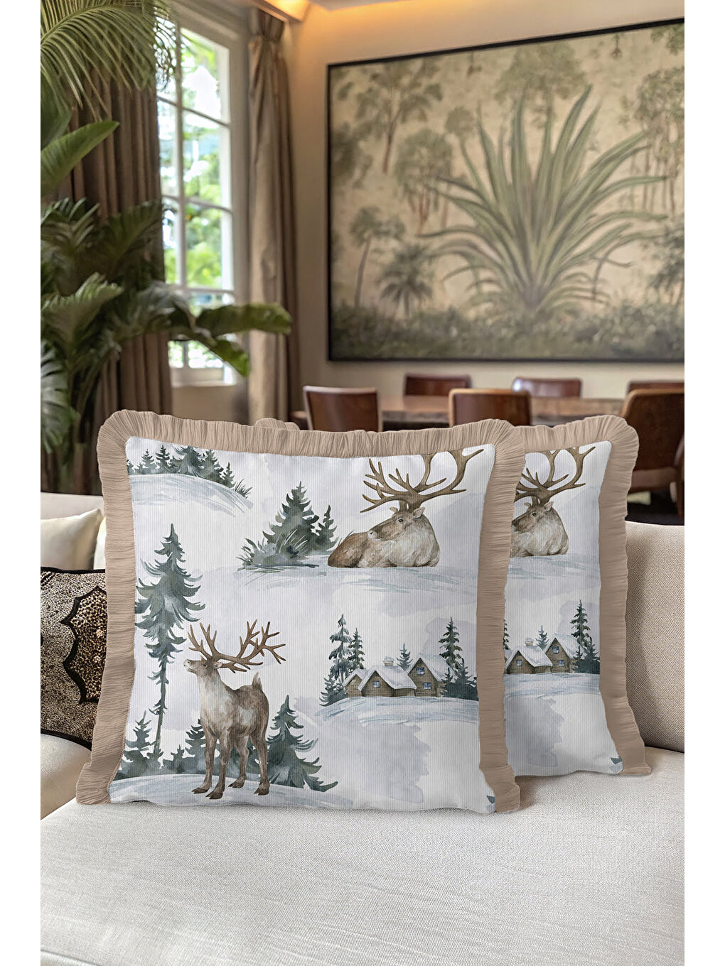 Karışık Kış Orman Temalı Saçaklı Yastık Kılıfı - Geyikli Rustik Bej Püsküllü Kırlent Kılıfı-5