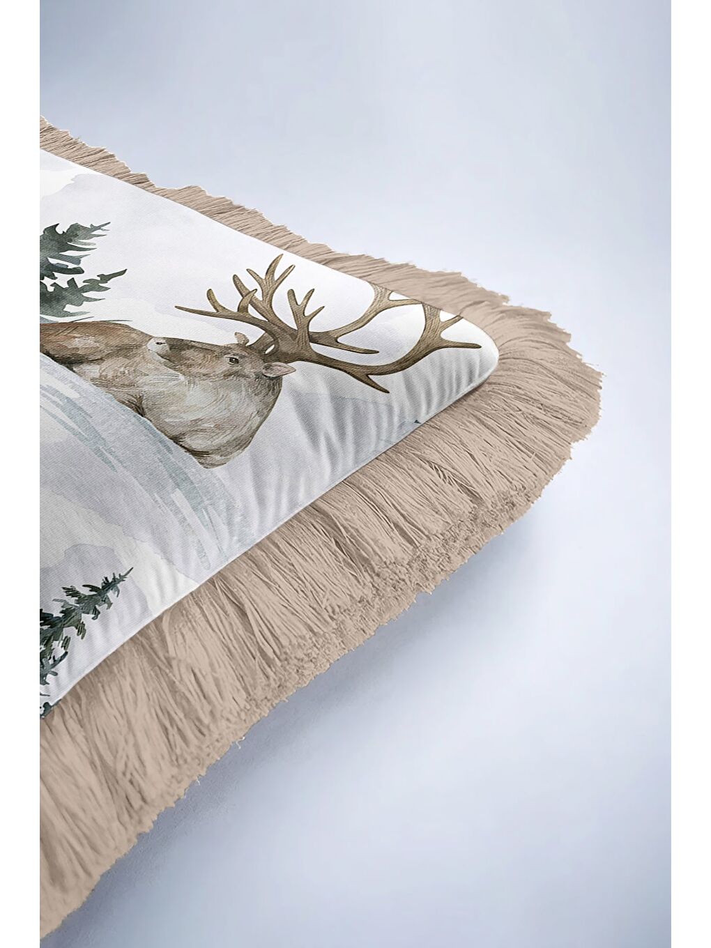 Karışık Kış Orman Temalı Saçaklı Yastık Kılıfı - Geyikli Rustik Bej Püsküllü Kırlent Kılıfı-6