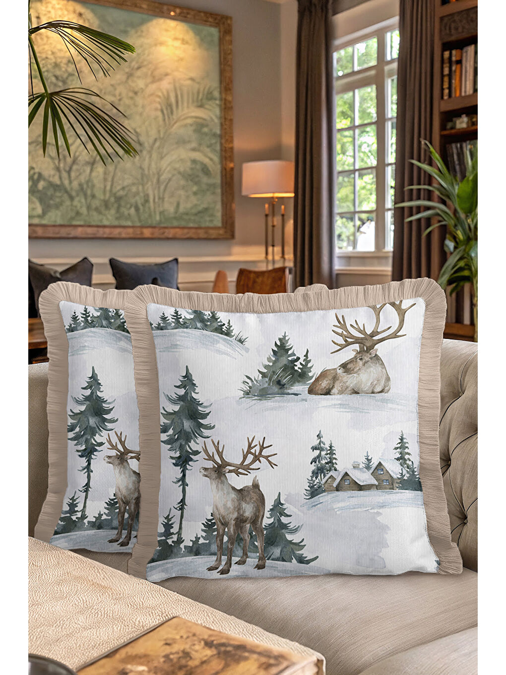 Karışık Kış Orman Temalı Saçaklı Yastık Kılıfı - Geyikli Rustik Bej Püsküllü Kırlent Kılıfı-7