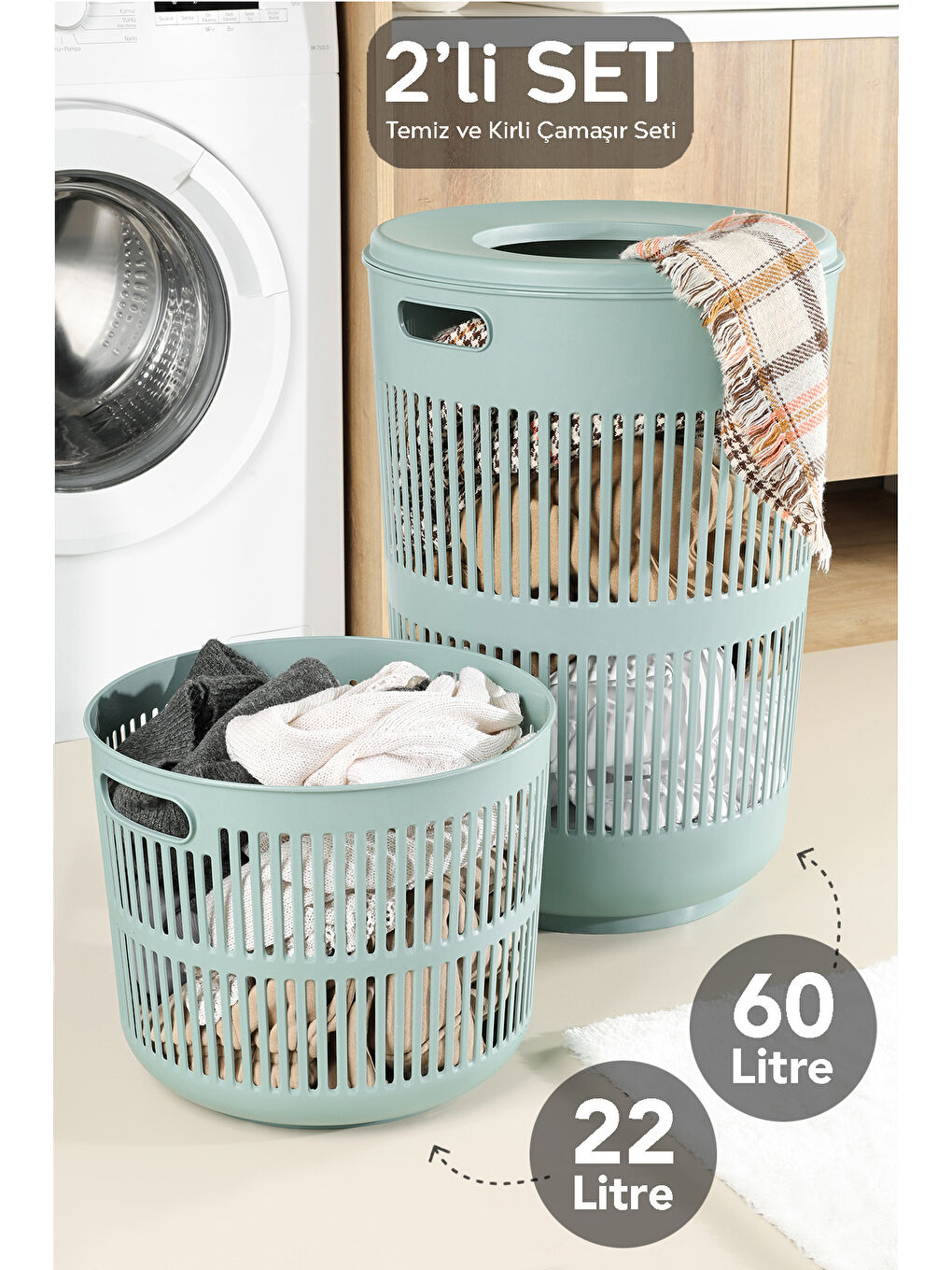 Yeşil 2'li Kirli Solara Çamaşır Sepeti Seti