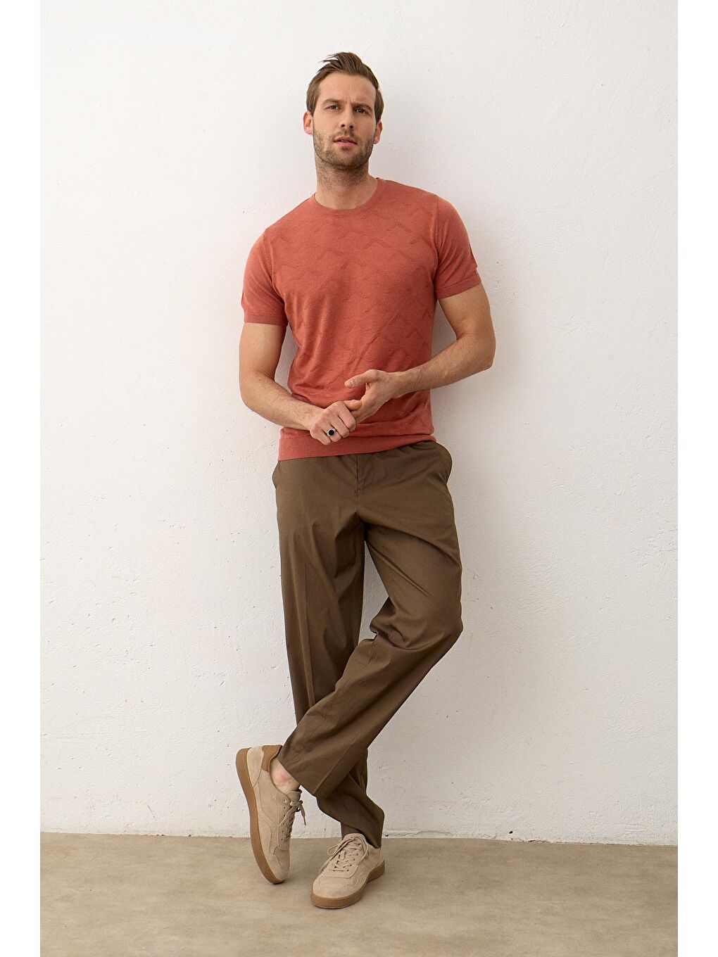 Kahverengi Erkek Bisiklet Yaka Slim-Fit Yazlık Triko Tişört Tarçın-3