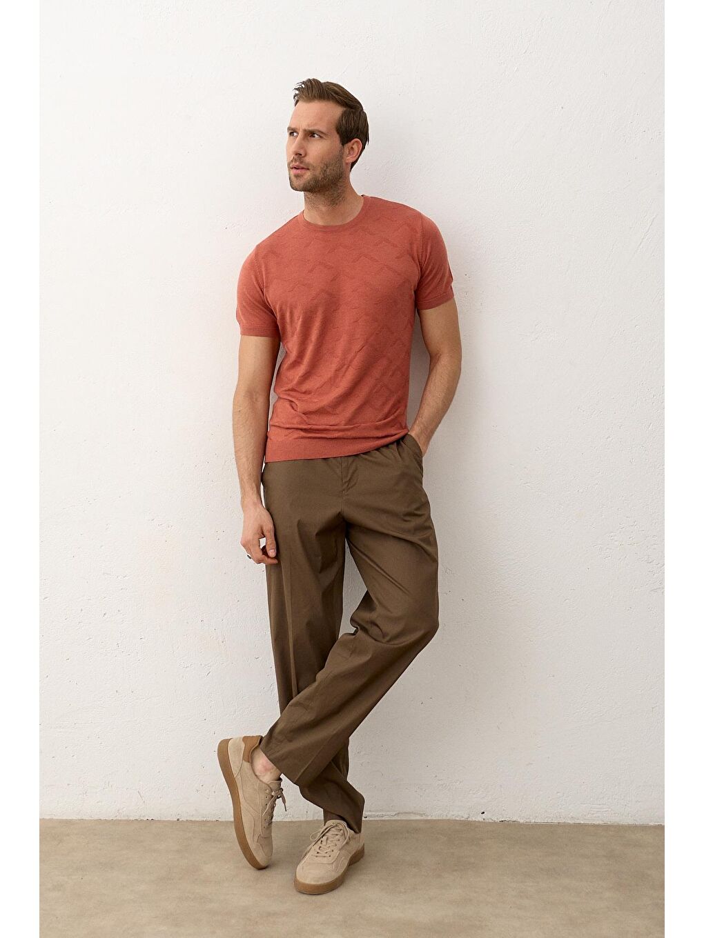 Kahverengi Erkek Bisiklet Yaka Slim-Fit Yazlık Triko Tişört Tarçın-4