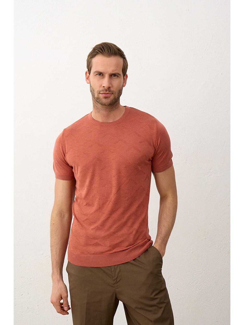 Kahverengi Erkek Bisiklet Yaka Slim-Fit Yazlık Triko Tişört Tarçın-5