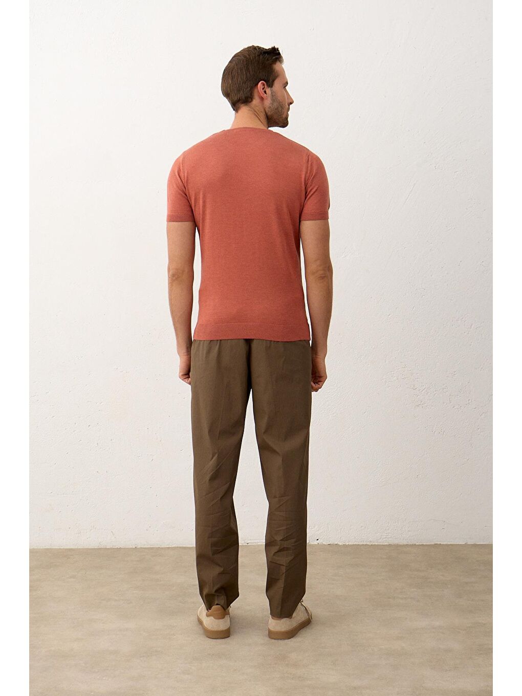 Kahverengi Erkek Bisiklet Yaka Slim-Fit Yazlık Triko Tişört Tarçın-6