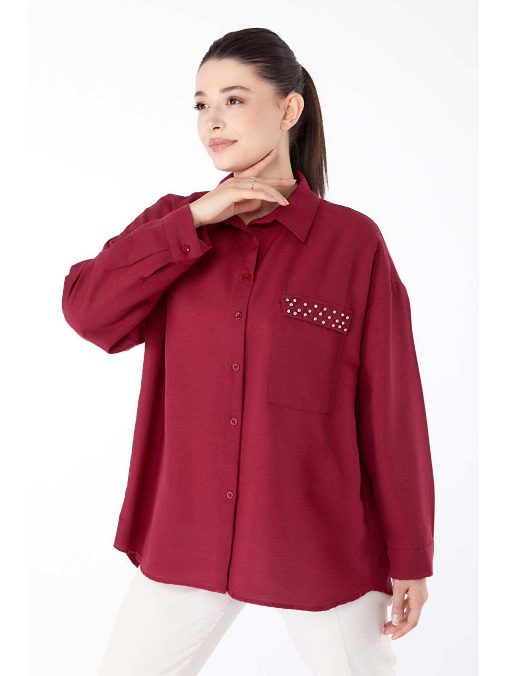 Gömlek Yaka Kadın Bordo Taş Detaylı Gömlek - 13194-1