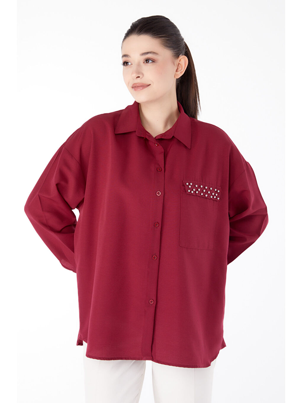 Gömlek Yaka Kadın Bordo Taş Detaylı Gömlek - 13194-2