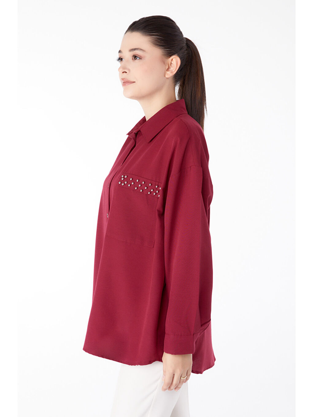 Gömlek Yaka Kadın Bordo Taş Detaylı Gömlek - 13194-3