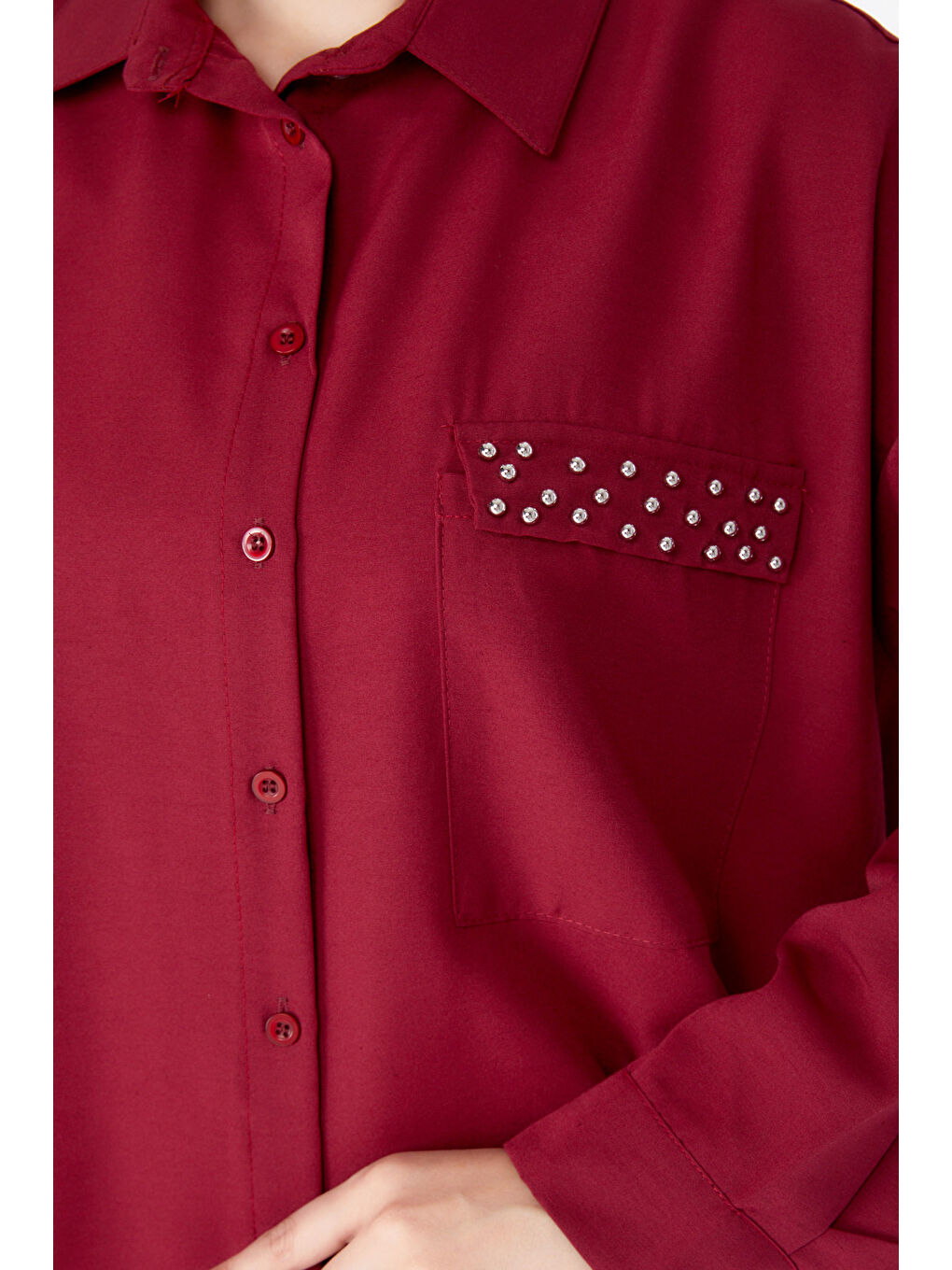 Gömlek Yaka Kadın Bordo Taş Detaylı Gömlek - 13194-5