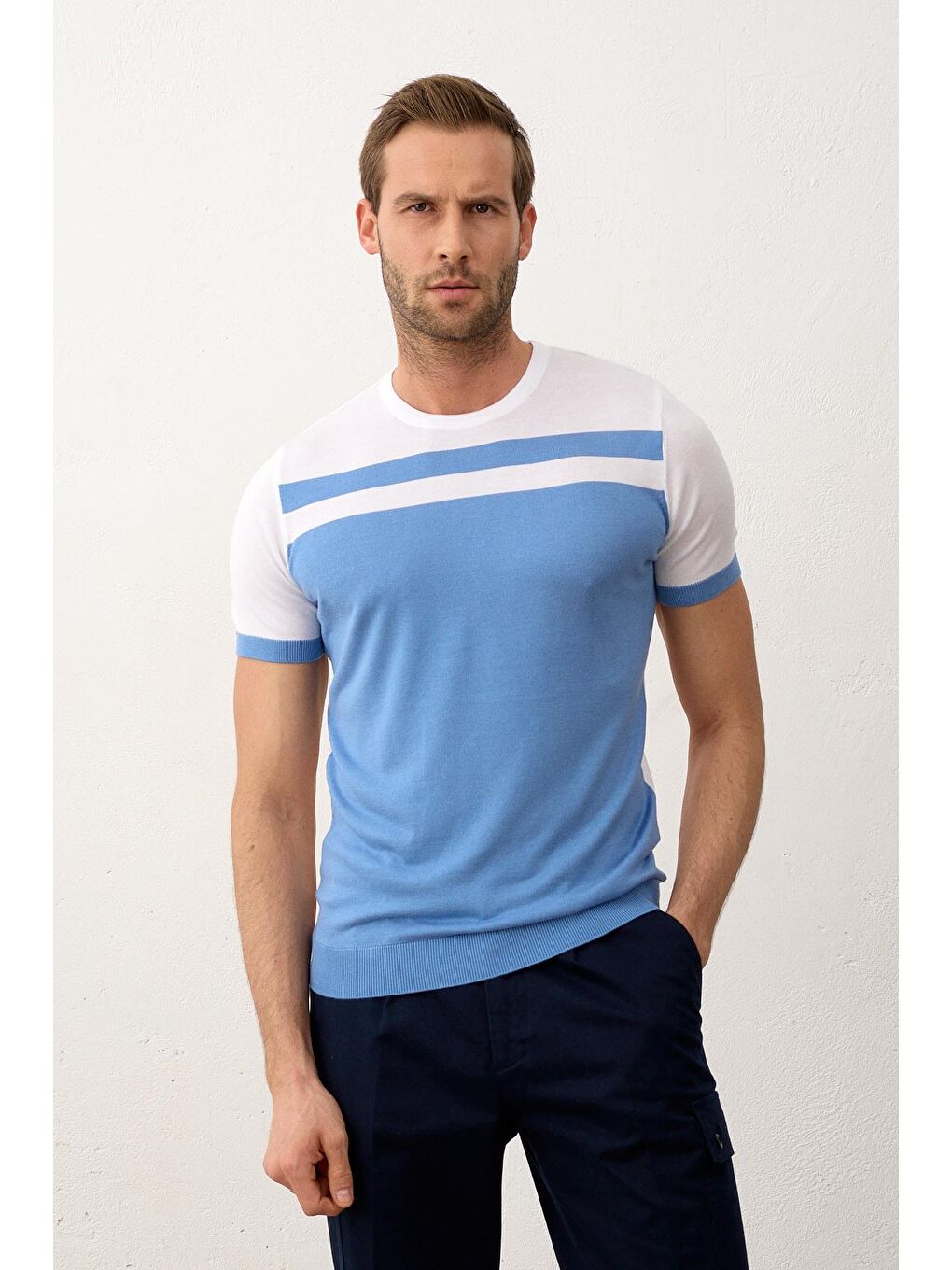 Erkek Renkli Slim-Fit Yazlık Triko Tişört Beyaz-2