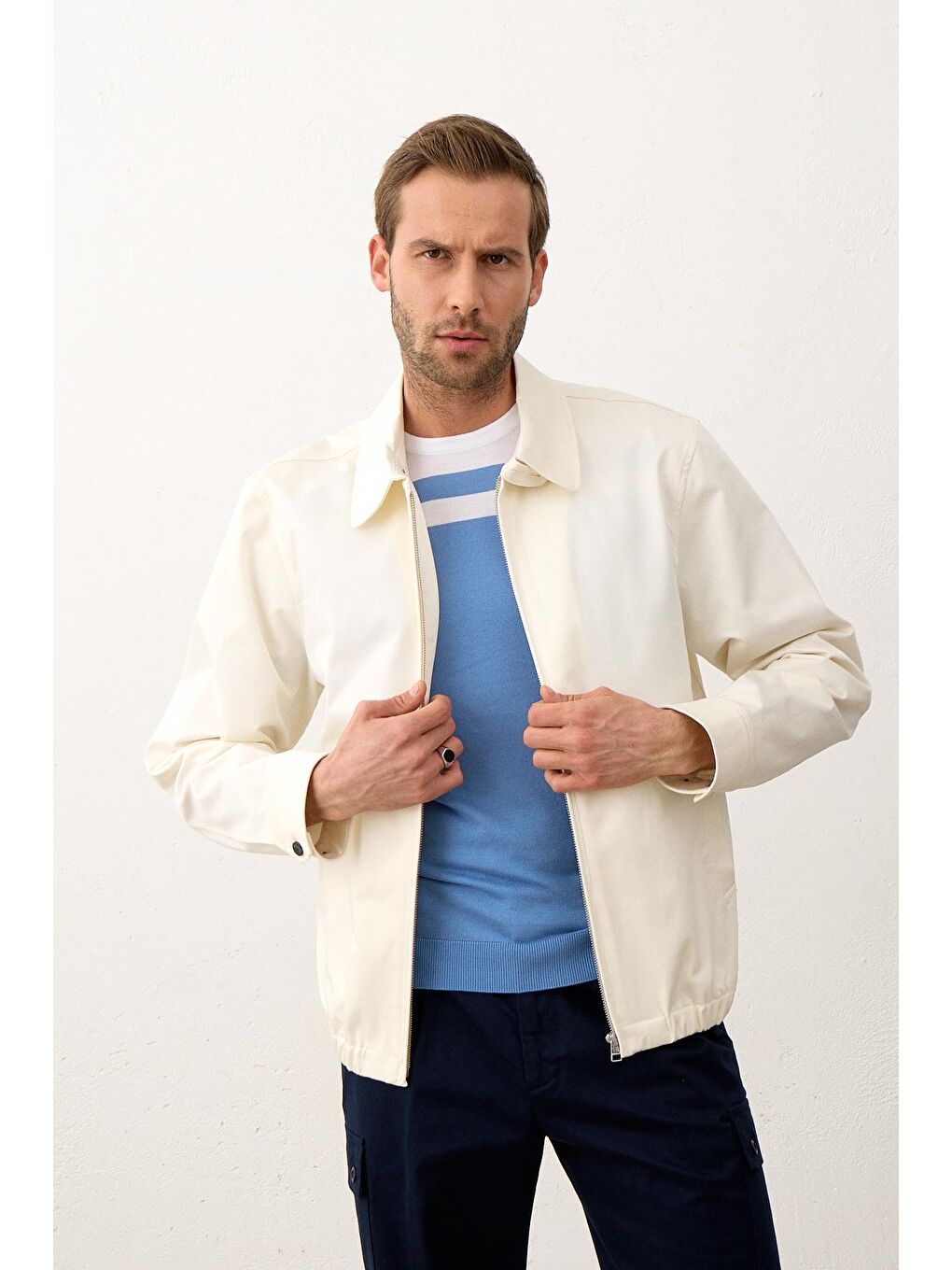 Erkek Renkli Slim-Fit Yazlık Triko Tişört Beyaz-3