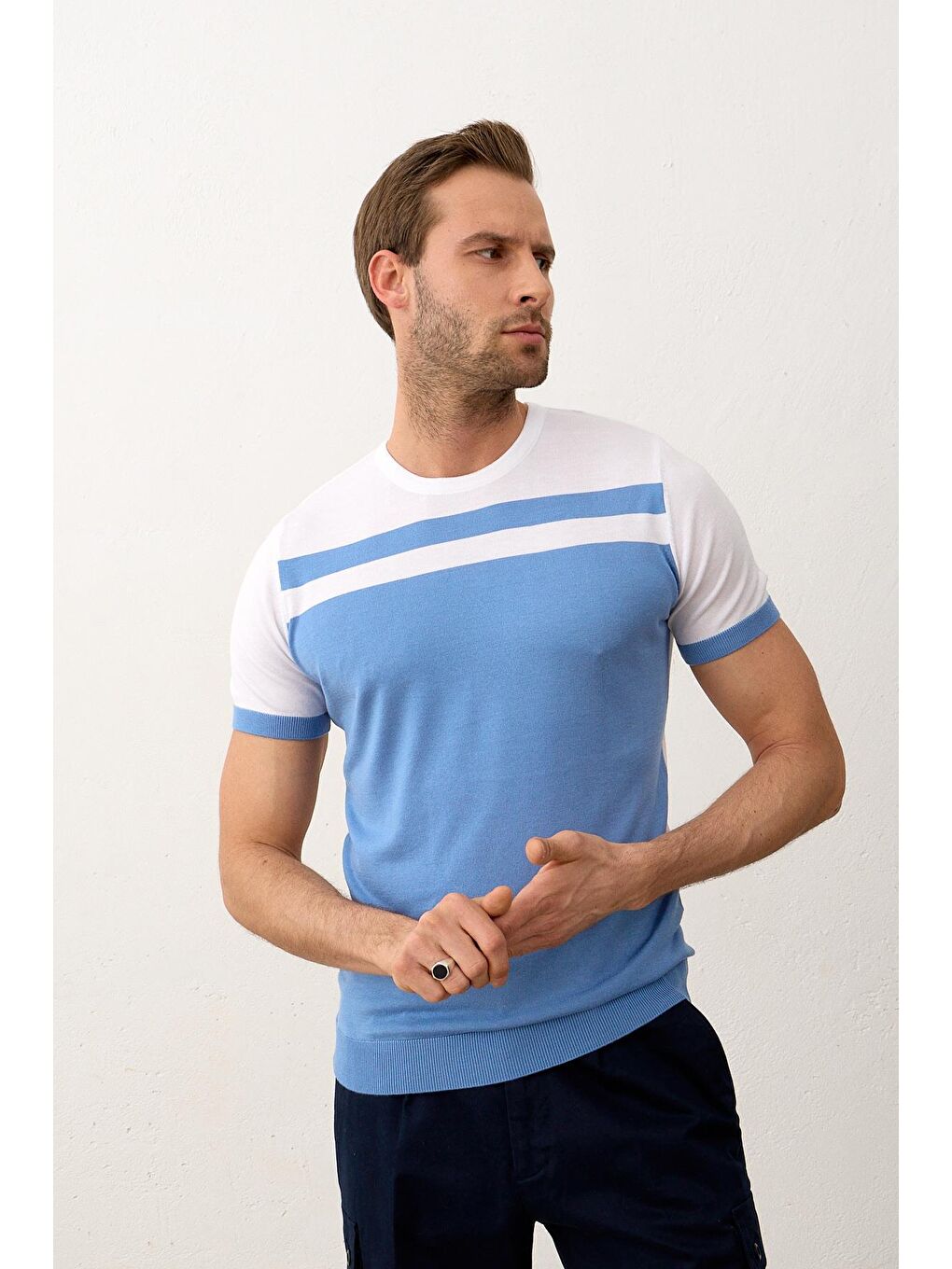 Erkek Renkli Slim-Fit Yazlık Triko Tişört Beyaz-4