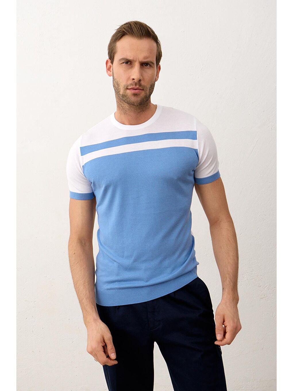 Erkek Renkli Slim-Fit Yazlık Triko Tişört Beyaz-5