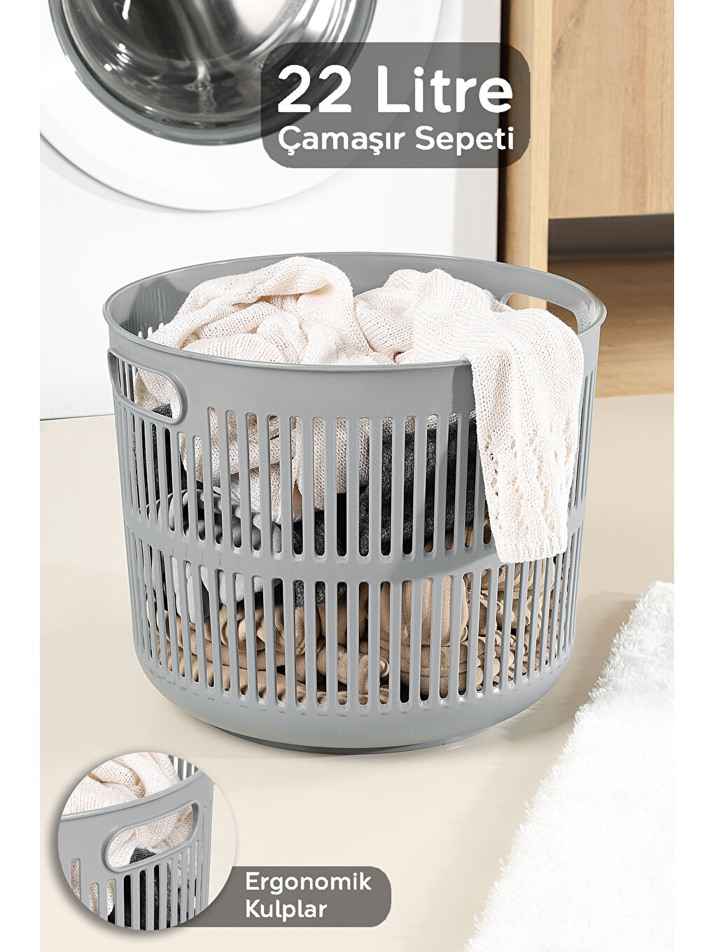 Gri Solara Yuvarlak Çamaşır Sepeti 22 l