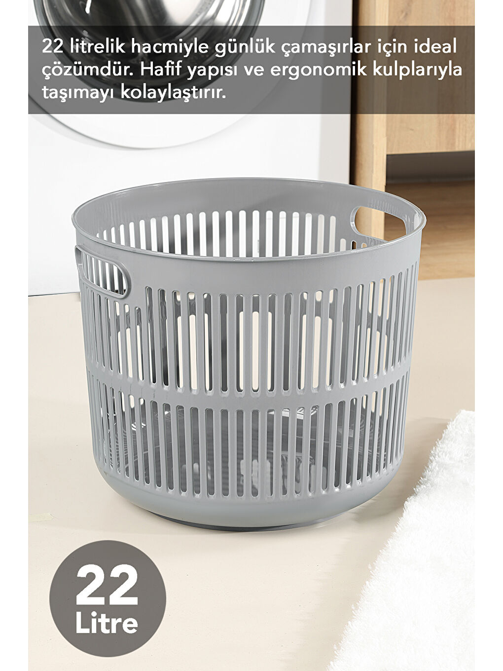 Gri Solara Yuvarlak Çamaşır Sepeti 22 l-1