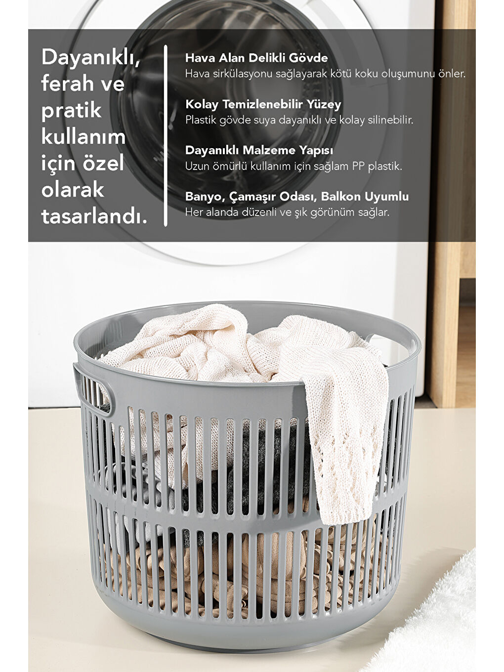 Gri Solara Yuvarlak Çamaşır Sepeti 22 l-4