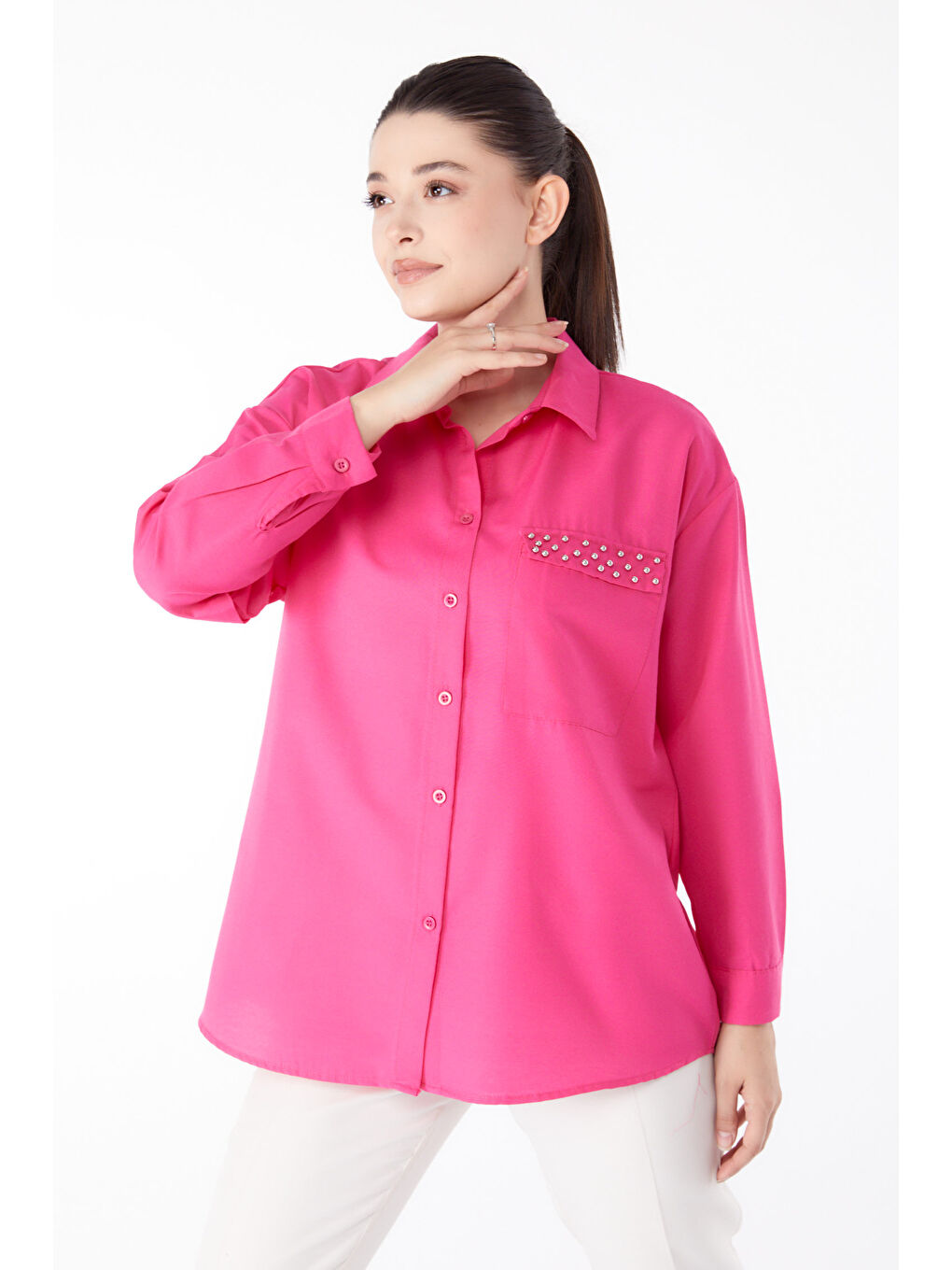 Gömlek Yaka Kadın Fuşya Taş Detaylı Gömlek - 13194-2