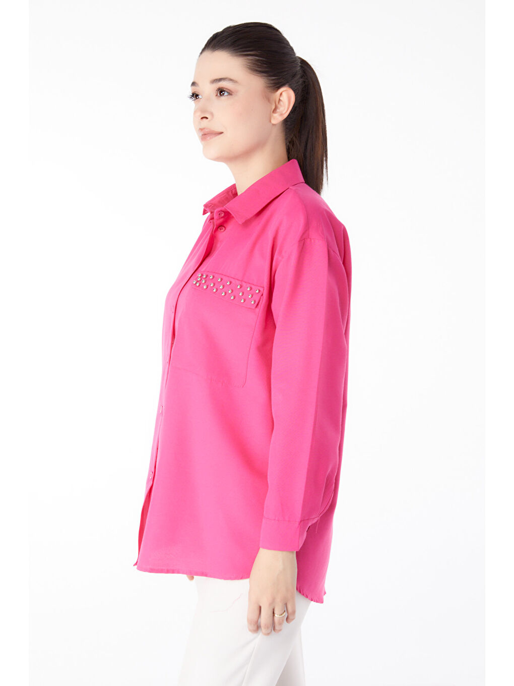 Gömlek Yaka Kadın Fuşya Taş Detaylı Gömlek - 13194-3