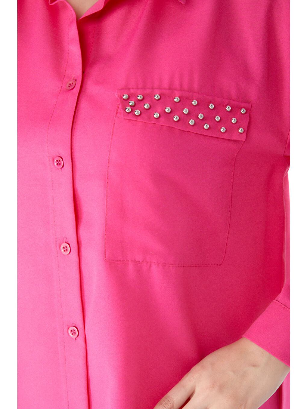 Gömlek Yaka Kadın Fuşya Taş Detaylı Gömlek - 13194-5