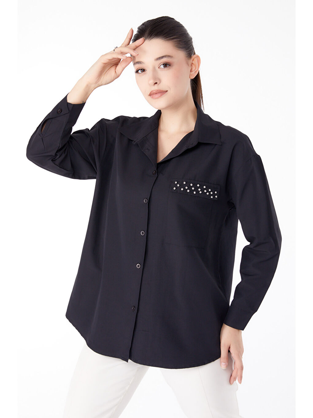 Gömlek Yaka Kadın Siyah Taş Detaylı Gömlek - 13194