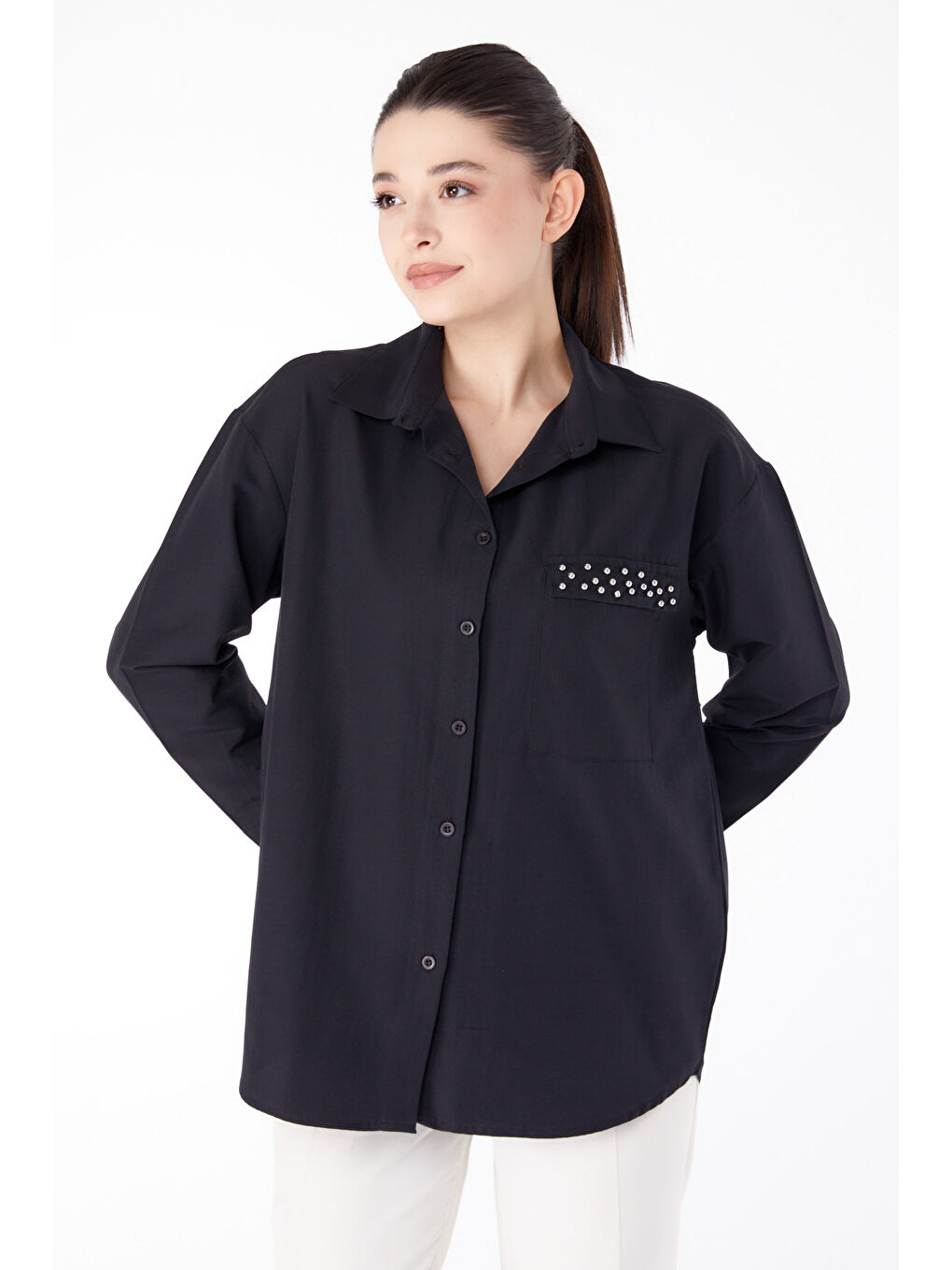 Gömlek Yaka Kadın Siyah Taş Detaylı Gömlek - 13194-1