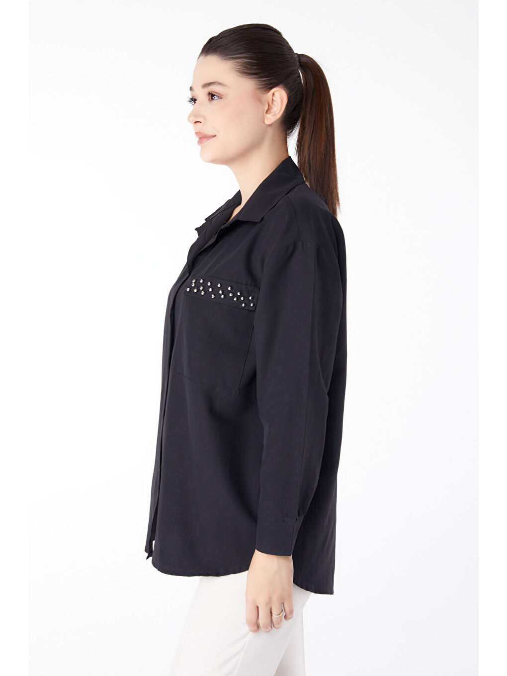 Gömlek Yaka Kadın Siyah Taş Detaylı Gömlek - 13194-2