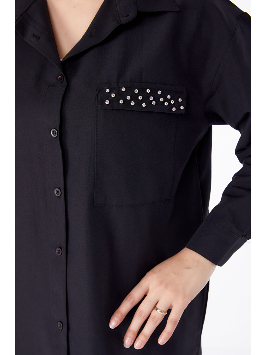 Gömlek Yaka Kadın Siyah Taş Detaylı Gömlek - 13194-4