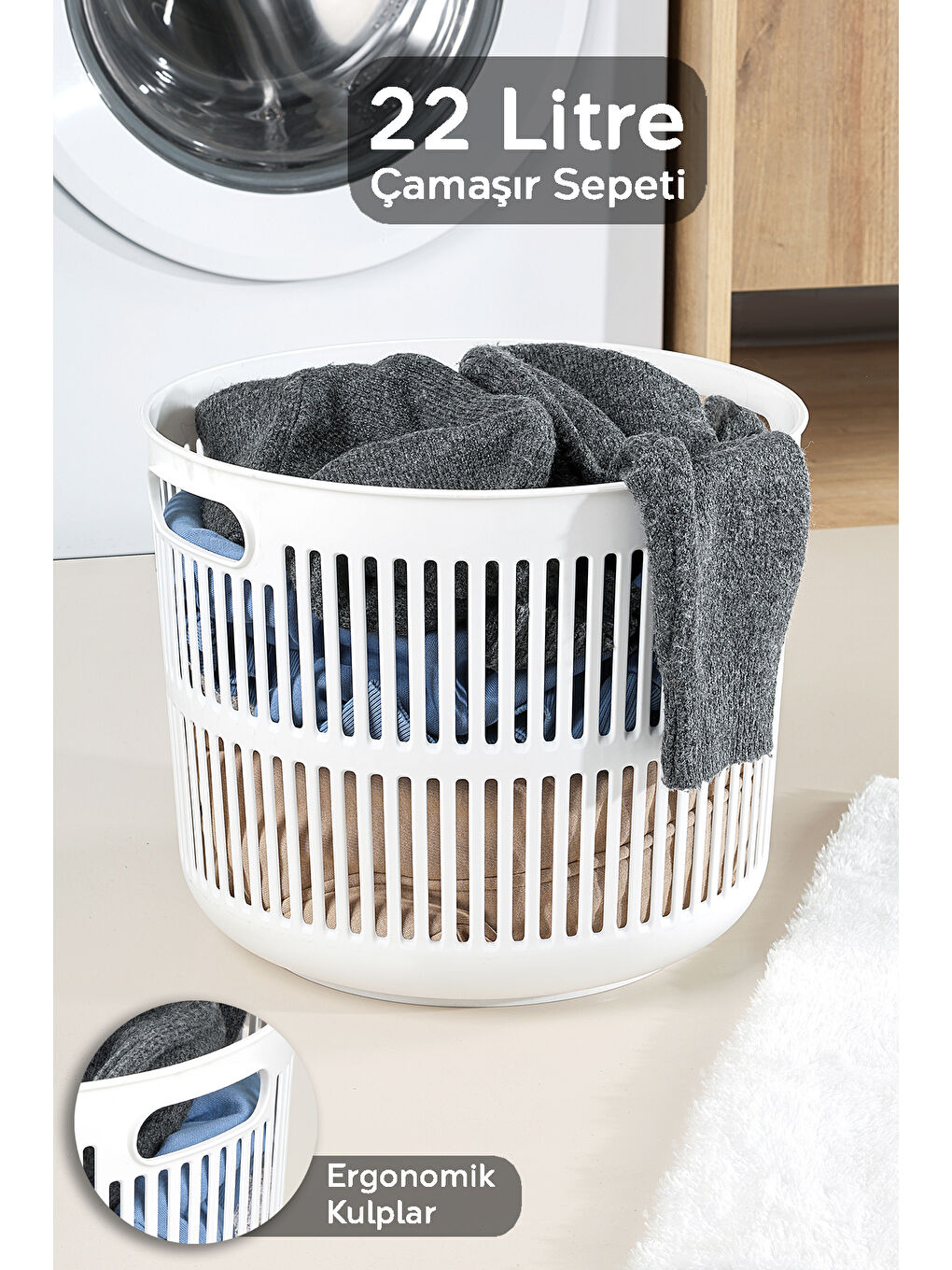 Beyaz Solara Yuvarlak Çamaşır Sepeti 22 l