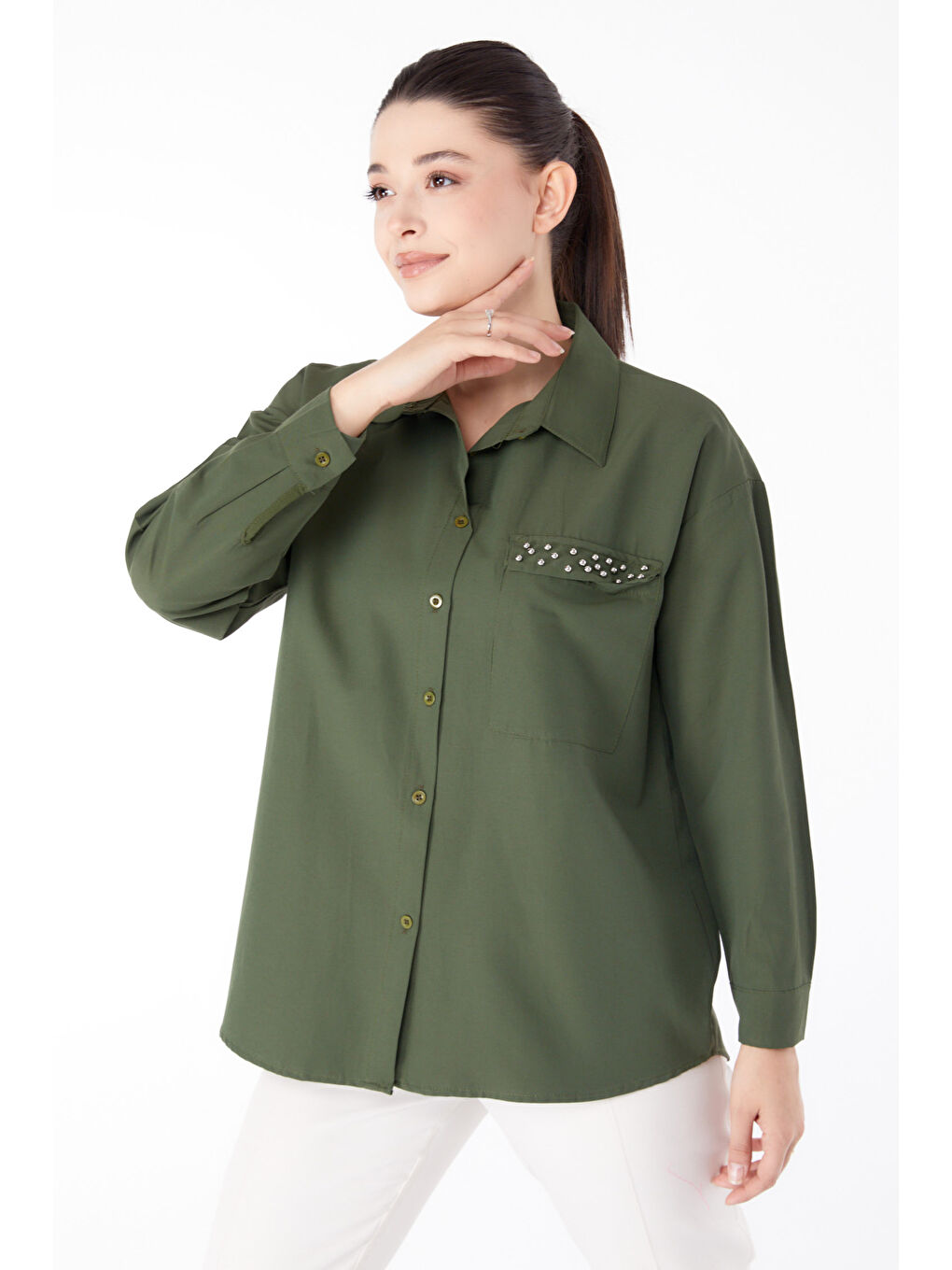 Gömlek Yaka Kadın Haki Taş Detaylı Gömlek - 13194