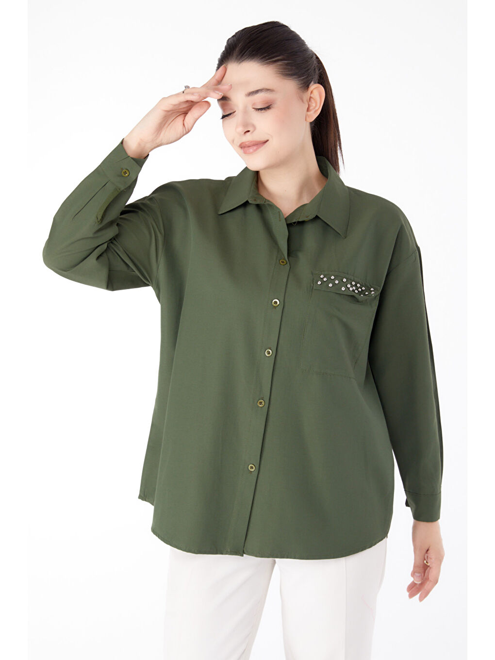 Gömlek Yaka Kadın Haki Taş Detaylı Gömlek - 13194-1