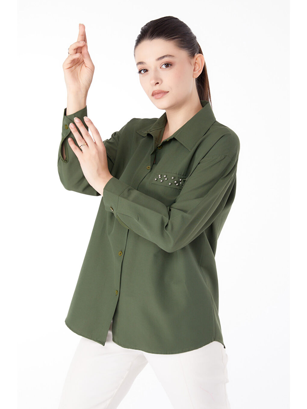 Gömlek Yaka Kadın Haki Taş Detaylı Gömlek - 13194-2