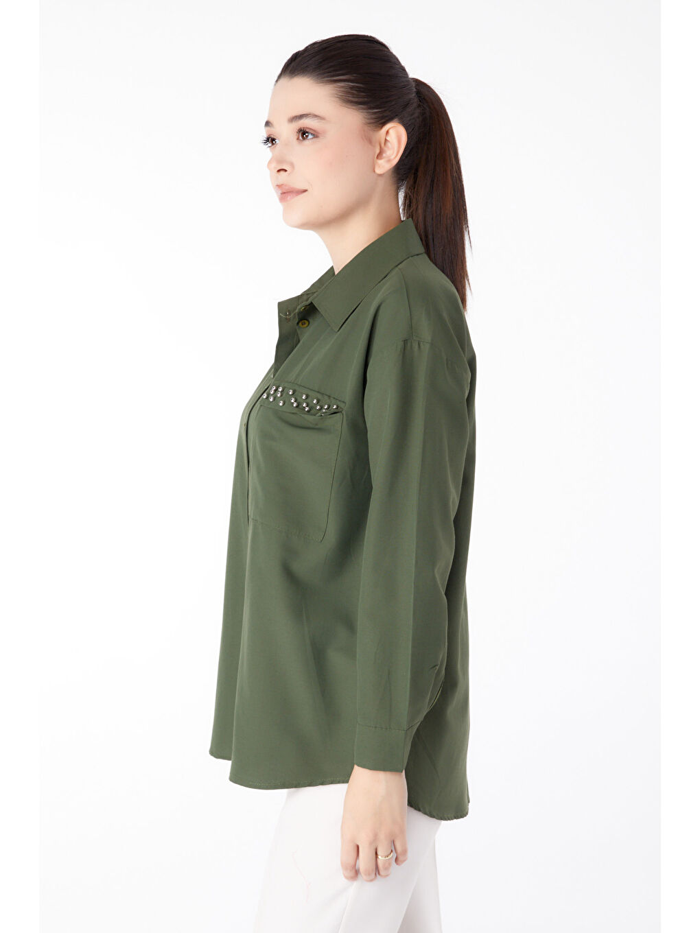 Gömlek Yaka Kadın Haki Taş Detaylı Gömlek - 13194-3