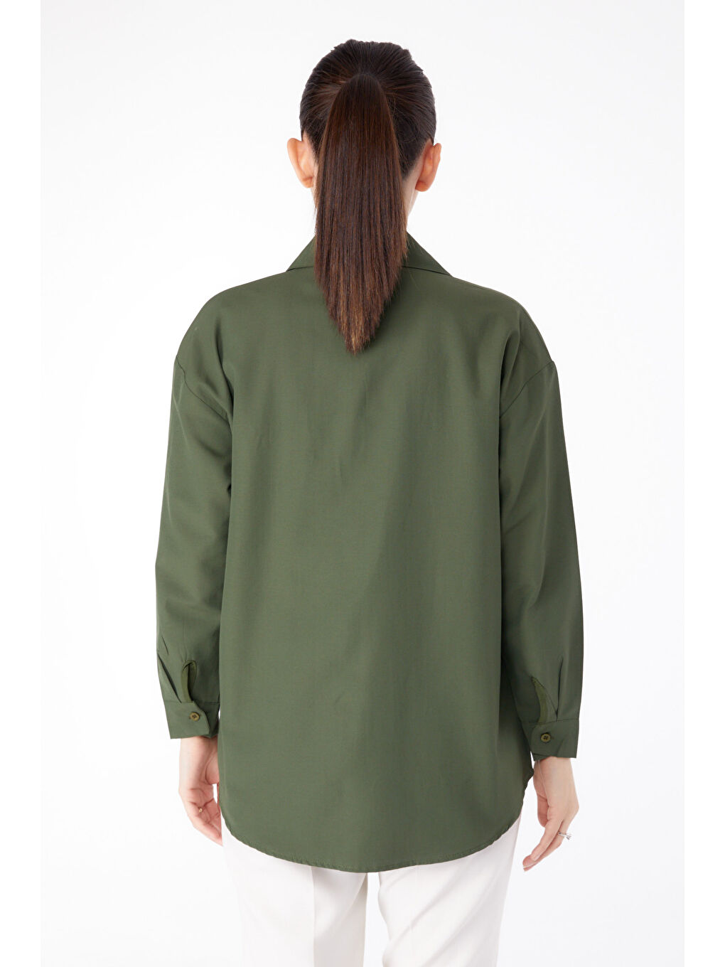 Gömlek Yaka Kadın Haki Taş Detaylı Gömlek - 13194-4