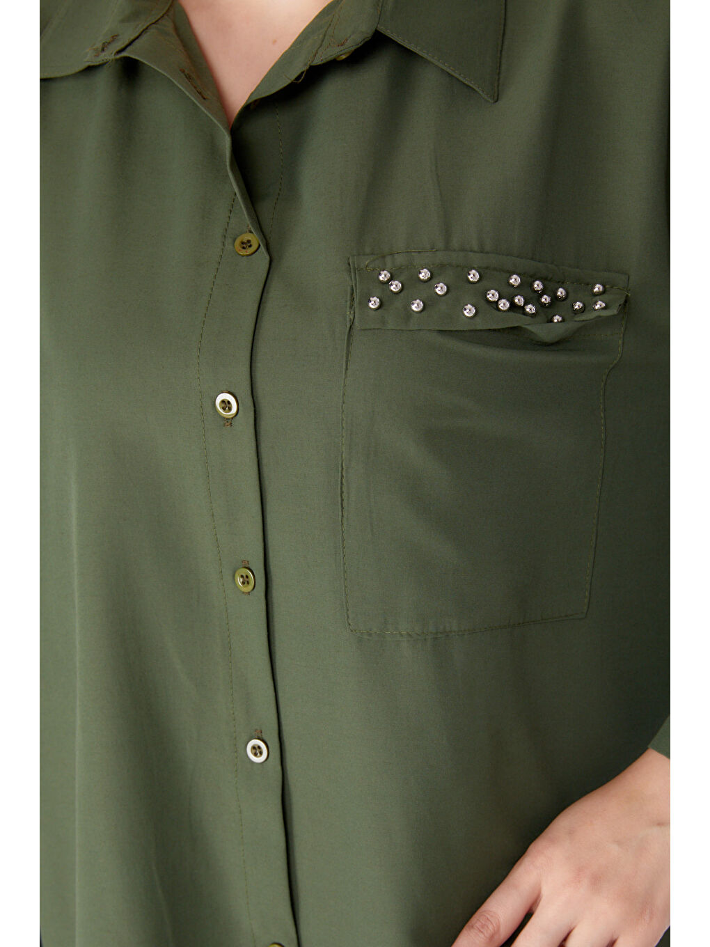 Gömlek Yaka Kadın Haki Taş Detaylı Gömlek - 13194-5