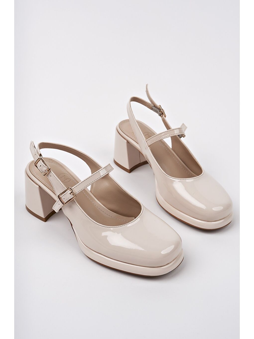 Bej SOOJİN Kare Burunlu Arkası Açık Tek Bantlı Kadın Kalın Topuklu Ayakkabı-2