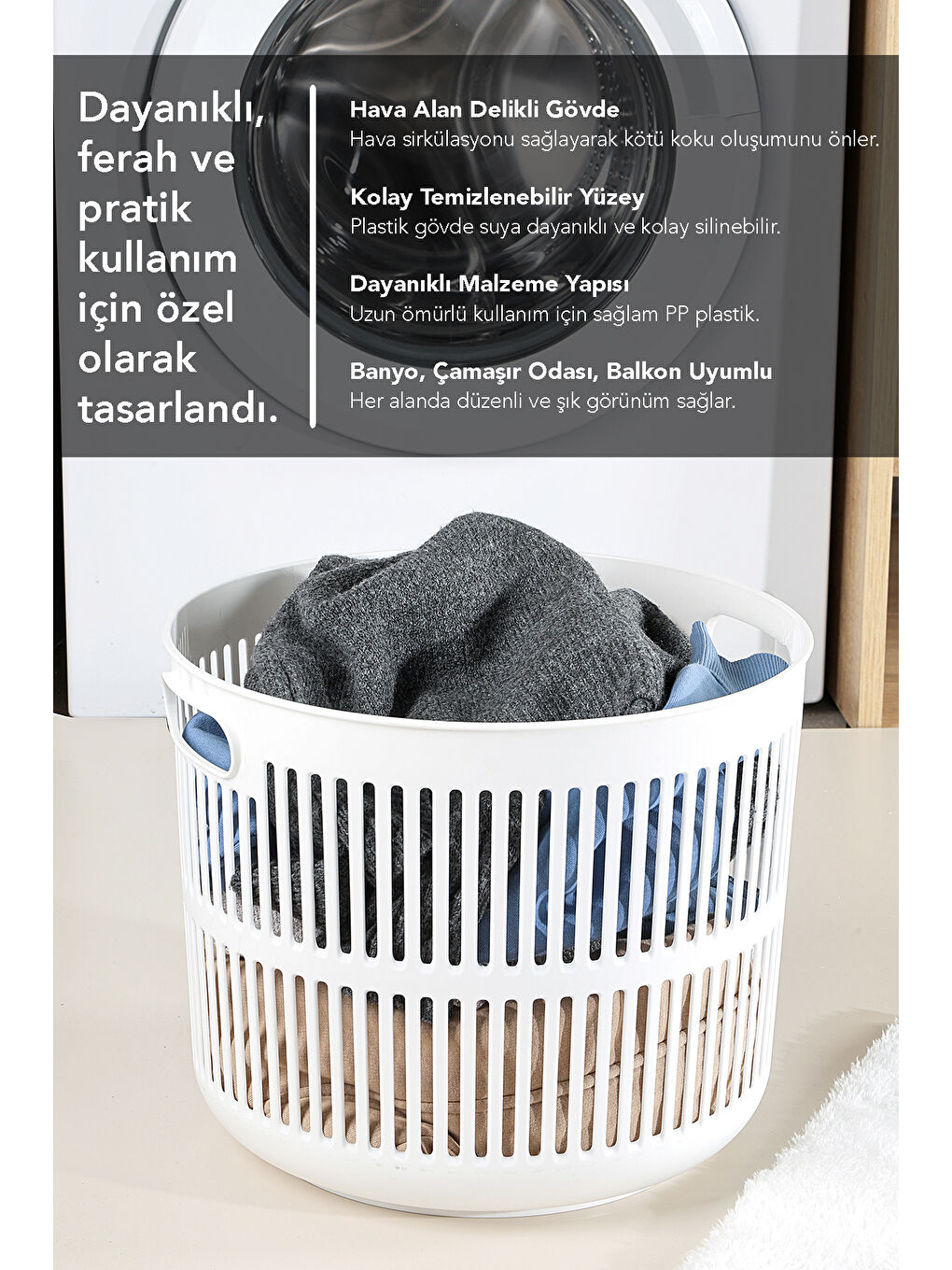 Beyaz Solara Yuvarlak Çamaşır Sepeti 22 l-4