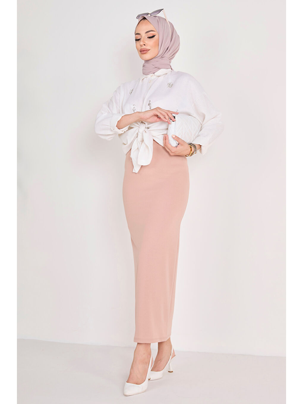 Bej Orta Kadın Vizon Kalem Etek - 23054-2