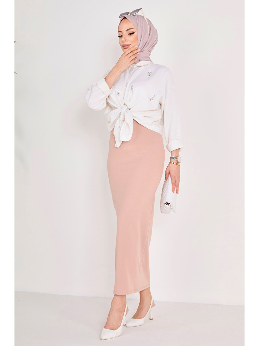 Bej Orta Kadın Vizon Kalem Etek - 23054-6