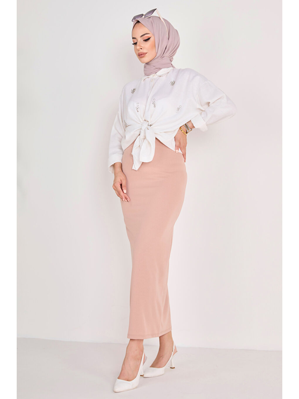 Bej Orta Kadın Vizon Kalem Etek - 23054-7