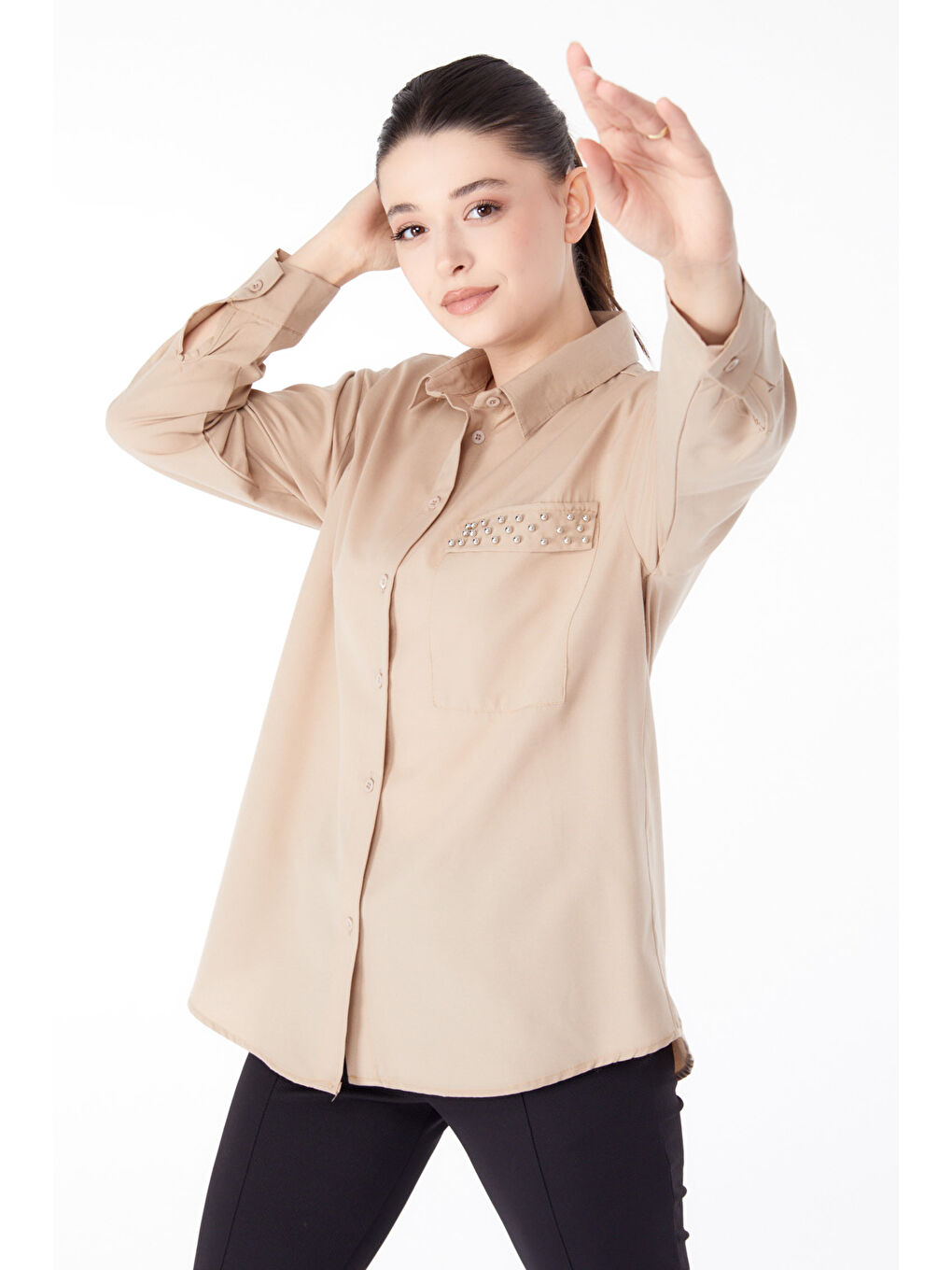 Bej Gömlek Yaka Kadın Vizon Taş Detaylı Gömlek - 13194-2