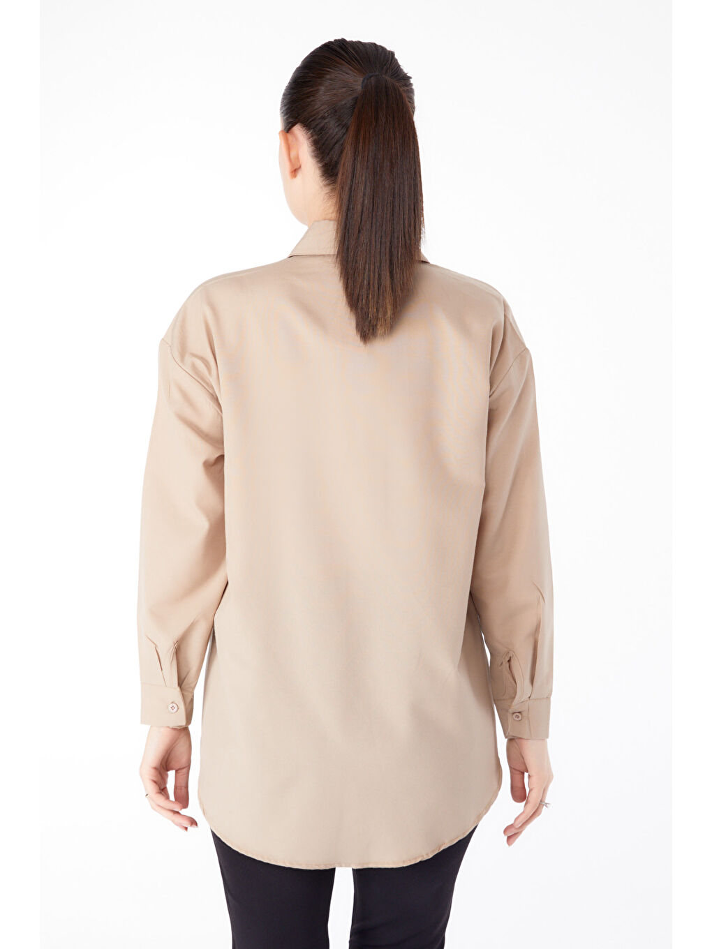 Bej Gömlek Yaka Kadın Vizon Taş Detaylı Gömlek - 13194-4